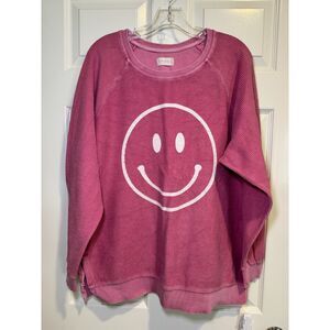 Altar'd State Ribbed Smiley Face Sweatshirt Pullover Pink Womens M Oversized